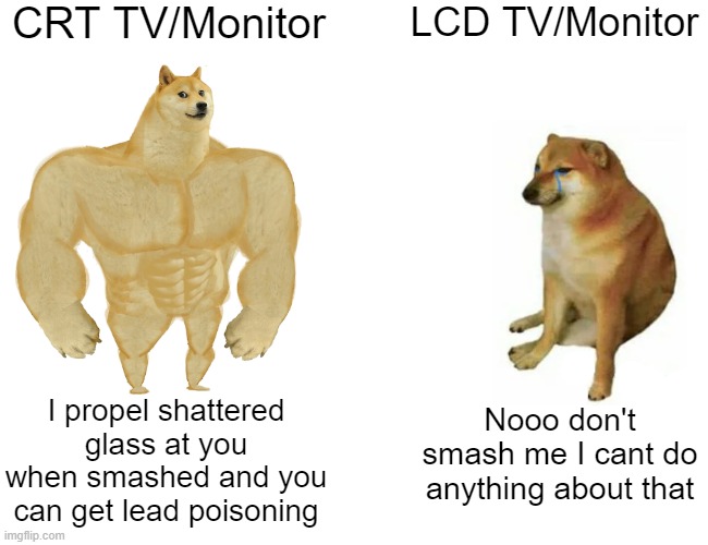 Buff Doge vs. Cheems | CRT TV/Monitor; LCD TV/Monitor; I propel shattered glass at you when smashed and you can get lead poisoning; Nooo don't smash me I cant do anything about that | image tagged in memes,buff doge vs cheems | made w/ Imgflip meme maker