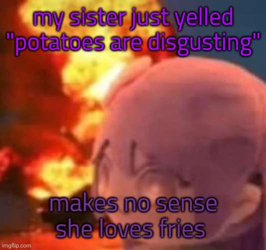 eeetujopfsssfhjkffomppfvj | my sister just yelled "potatoes are disgusting"; makes no sense she loves fries | image tagged in msmg | made w/ Imgflip meme maker