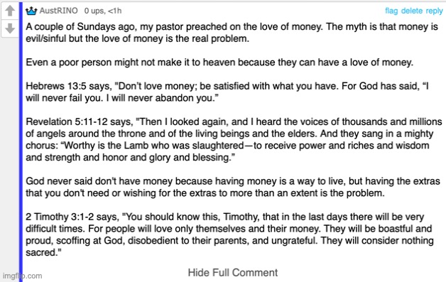 Comment plugging my comment for a great explanation of the love of money | image tagged in love of money,explanation,love god,but keep religion,out of politics | made w/ Imgflip meme maker