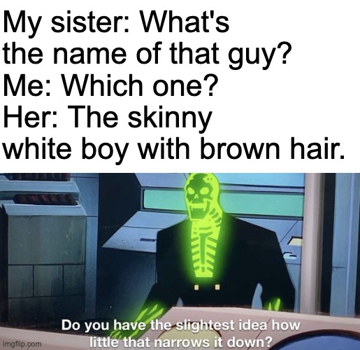 e | My sister: What's the name of that guy?
Me: Which one?
Her: The skinny white boy with brown hair. | image tagged in do you have the slightest idea how little that narrows it down | made w/ Imgflip meme maker
