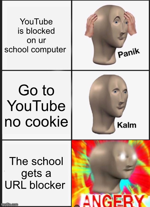 This actually happened to me -_- | YouTube is blocked on ur school computer; Go to YouTube no cookie; The school gets a URL blocker | image tagged in memes,panik kalm panik | made w/ Imgflip meme maker