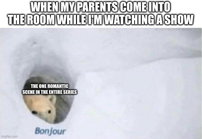Bonjour Bear | WHEN MY PARENTS COME INTO THE ROOM WHILE I'M WATCHING A SHOW; THE ONE ROMANTIC SCENE IN THE ENTIRE SERIES | image tagged in bonjour bear | made w/ Imgflip meme maker