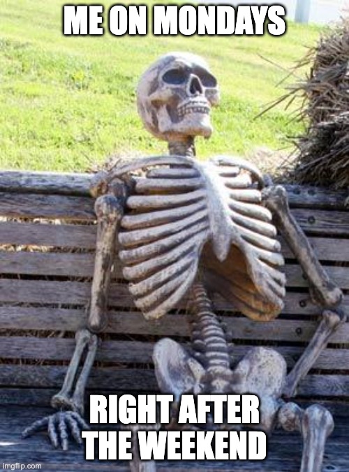 Waiting Skeleton | ME ON MONDAYS; RIGHT AFTER THE WEEKEND | image tagged in memes,waiting skeleton | made w/ Imgflip meme maker