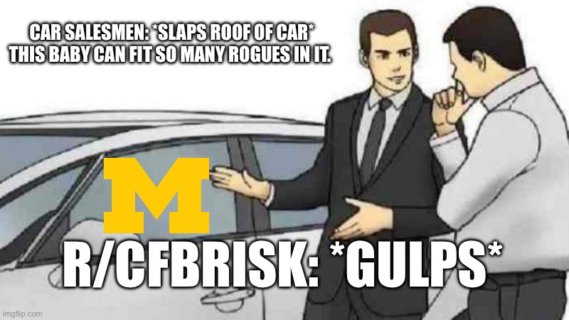 Car Salesman Slaps Roof Of Car Meme | CAR SALESMEN: *SLAPS ROOF OF CAR* THIS BABY CAN FIT SO MANY ROGUES IN IT. R/CFBRISK: *GULPS* | image tagged in memes,car salesman slaps roof of car | made w/ Imgflip meme maker