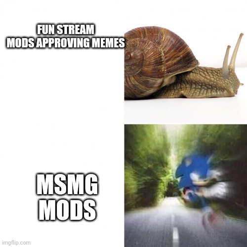 I am speed | FUN STREAM MODS APPROVING MEMES; MSMG MODS | image tagged in sonic vs snail | made w/ Imgflip meme maker