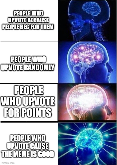 Upvote ranks | PEOPLE WHO UPVOTE BECAUSE PEOPLE BEG FOR THEM; PEOPLE WHO UPVOTE RANDOMLY; PEOPLE WHO UPVOTE FOR POINTS; PEOPLE WHO UPVOTE CAUSE THE MEME IS GOOD | image tagged in memes,expanding brain,upvotes,funny,dank | made w/ Imgflip meme maker