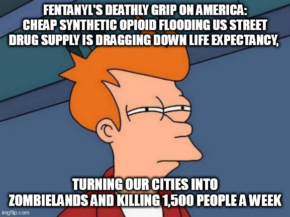 Futurama Fry | FENTANYL'S DEATHLY GRIP ON AMERICA: CHEAP SYNTHETIC OPIOID FLOODING US STREET DRUG SUPPLY IS DRAGGING DOWN LIFE EXPECTANCY, TURNING OUR CITIES INTO ZOMBIELANDS AND KILLING 1,500 PEOPLE A WEEK | image tagged in memes,futurama fry | made w/ Imgflip meme maker