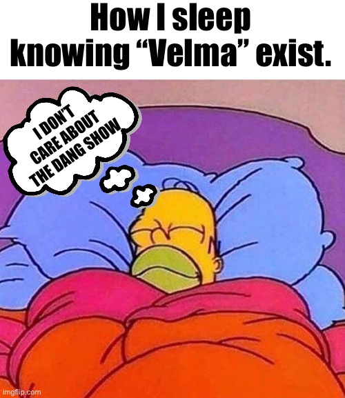 I don’t give frick about Velma | How I sleep knowing “Velma” exist. I DON’T CARE ABOUT THE DANG SHOW | image tagged in homer simpson sleeping peacefully,velma | made w/ Imgflip meme maker