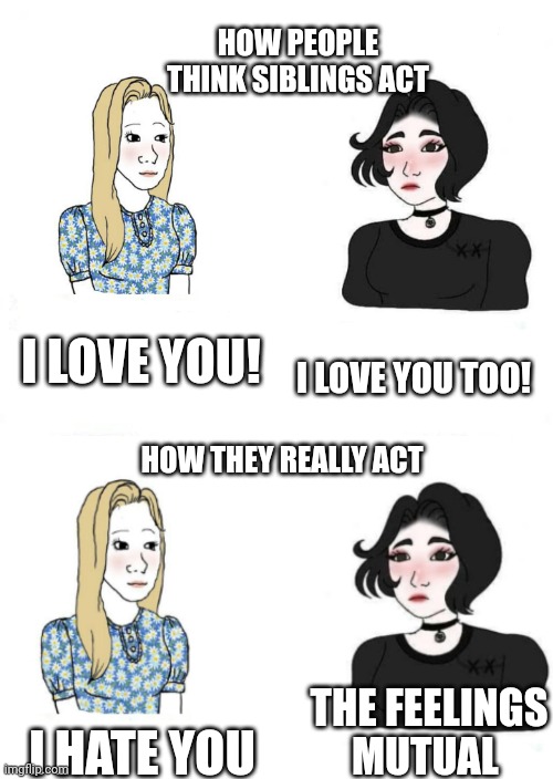 Siblings | HOW PEOPLE THINK SIBLINGS ACT; I LOVE YOU! I LOVE YOU TOO! HOW THEY REALLY ACT; THE FEELINGS MUTUAL; I HATE YOU | image tagged in girls vs boys | made w/ Imgflip meme maker