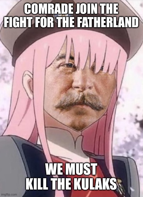 Stalin in the Franxx | COMRADE JOIN THE FIGHT FOR THE FATHERLAND; WE MUST KILL THE KULAKS | image tagged in stalin in the franxx | made w/ Imgflip meme maker