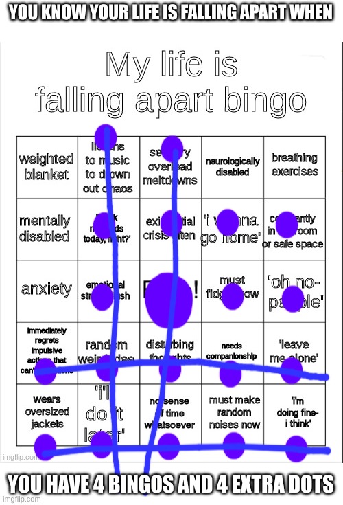 My life sucks | YOU KNOW YOUR LIFE IS FALLING APART WHEN; YOU HAVE 4 BINGOS AND 4 EXTRA DOTS | image tagged in my life is falling apart bingo | made w/ Imgflip meme maker