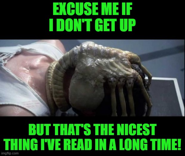Face Hugger | EXCUSE ME IF I DON'T GET UP BUT THAT'S THE NICEST THING I'VE READ IN A LONG TIME! | image tagged in face hugger | made w/ Imgflip meme maker