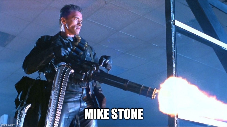 Terminator Minigun Arnold Schwarzenegger | MIKE STONE | image tagged in terminator minigun arnold schwarzenegger | made w/ Imgflip meme maker
