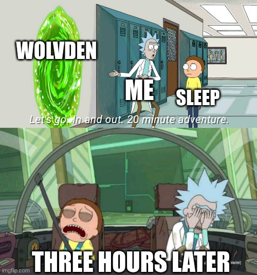 20 minute adventure rick morty | WOLVDEN; ME; SLEEP; THREE HOURS LATER | image tagged in 20 minute adventure rick morty | made w/ Imgflip meme maker