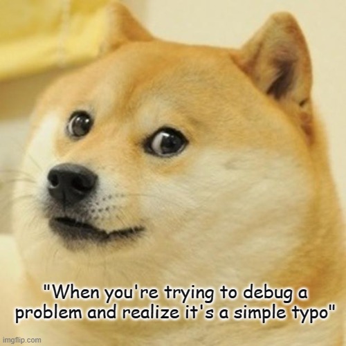 Doge | "When you're trying to debug a problem and realize it's a simple typo" | image tagged in memes,doge | made w/ Imgflip meme maker