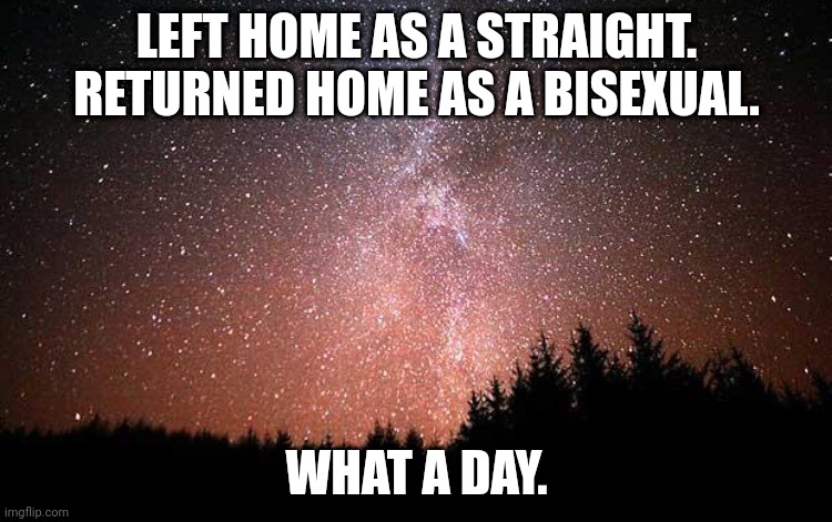 Yea. | LEFT HOME AS A STRAIGHT.
RETURNED HOME AS A BISEXUAL. WHAT A DAY. | image tagged in night sky | made w/ Imgflip meme maker