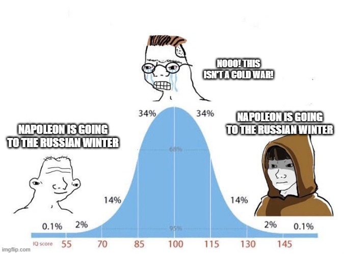 We're alike | NOOO! THIS ISN'T A COLD WAR! NAPOLEON IS GOING TO THE RUSSIAN WINTER; NAPOLEON IS GOING TO THE RUSSIAN WINTER | image tagged in bell curve,memes | made w/ Imgflip meme maker