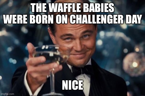 Leonardo Dicaprio Cheers Meme | THE WAFFLE BABIES WERE BORN ON CHALLENGER DAY; NICE | image tagged in memes,leonardo dicaprio cheers | made w/ Imgflip meme maker