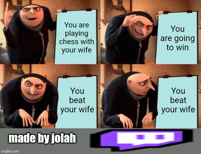 he | You are playing chess with your wife; You are going to win; You beat your wife; You beat your wife; made by jolah | image tagged in memes,gru's plan | made w/ Imgflip meme maker