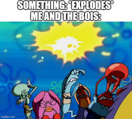 SOMETHING: *EXPLODES*
ME AND THE BOIS: | image tagged in spongebob,squidward,mr krabs,explosion | made w/ Imgflip meme maker