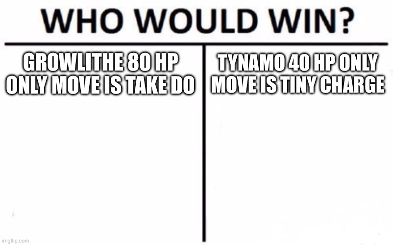 Who Would Win? | GROWLITHE 80 HP ONLY MOVE IS TAKE DOWN; TYNAMO 40 HP ONLY MOVE IS TINY CHARGE | image tagged in memes,who would win | made w/ Imgflip meme maker