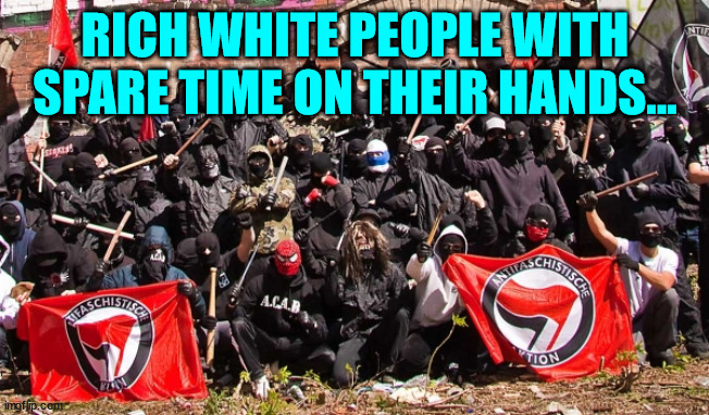 Antifa | RICH WHITE PEOPLE WITH SPARE TIME ON THEIR HANDS... | image tagged in antifa | made w/ Imgflip meme maker