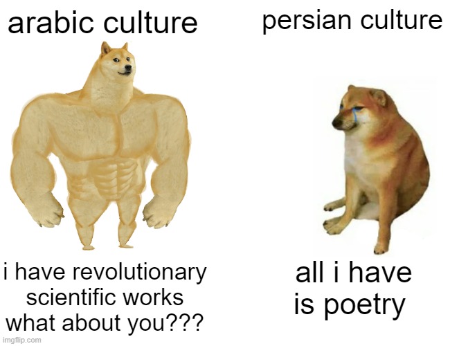 arabic culture vs persian culture | arabic culture; persian culture; i have revolutionary scientific works
what about you??? all i have is poetry | image tagged in memes,buff doge vs cheems,persian culture,arabic culture,iran,persian | made w/ Imgflip meme maker