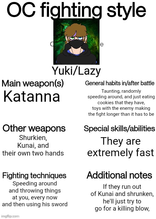 I am incredibly new to this stream | Yuki/Lazy; Katanna; Taunting, randomly speeding around, and just eating cookies that they have, toys with the enemy making the fight longer than it has to be; Shurkien, Kunai, and their own two hands; They are extremely fast; Speeding around and throwing things at you, every now and then using his sword; If they run out of Kunai and shrunken, he'll just try to go for a killing blow, | image tagged in oc fighting style | made w/ Imgflip meme maker