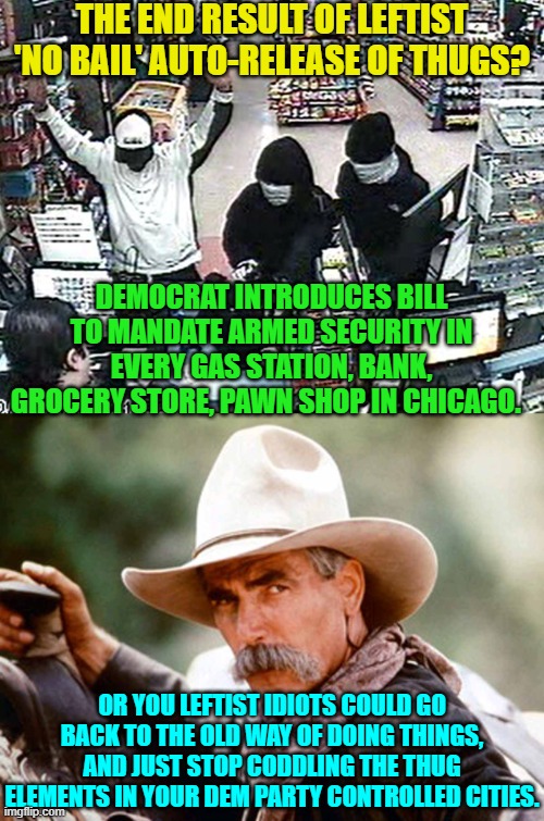 I guess that common sense is leftist Kryptonite. | THE END RESULT OF LEFTIST 'NO BAIL' AUTO-RELEASE OF THUGS? DEMOCRAT INTRODUCES BILL TO MANDATE ARMED SECURITY IN EVERY GAS STATION, BANK, GROCERY STORE, PAWN SHOP IN CHICAGO. OR YOU LEFTIST IDIOTS COULD GO BACK TO THE OLD WAY OF DOING THINGS, AND JUST STOP CODDLING THE THUG ELEMENTS IN YOUR DEM PARTY CONTROLLED CITIES. | image tagged in truth | made w/ Imgflip meme maker