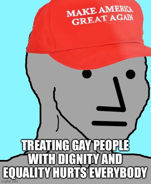 MAGA NPC | TREATING GAY PEOPLE WITH DIGNITY AND EQUALITY HURTS EVERYBODY | image tagged in maga npc | made w/ Imgflip meme maker
