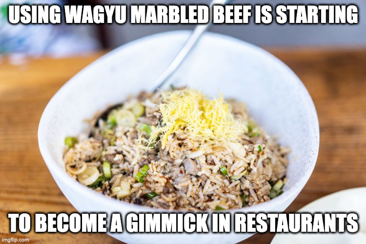Wagyu Fried Rice | USING WAGYU MARBLED BEEF IS STARTING; TO BECOME A GIMMICK IN RESTAURANTS | image tagged in food,memes | made w/ Imgflip meme maker