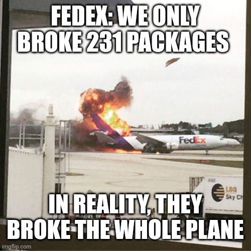 FedEx Part 3 | FEDEX: WE ONLY BROKE 231 PACKAGES; IN REALITY, THEY BROKE THE WHOLE PLANE | image tagged in fedex plane,plane crash,fedex | made w/ Imgflip meme maker