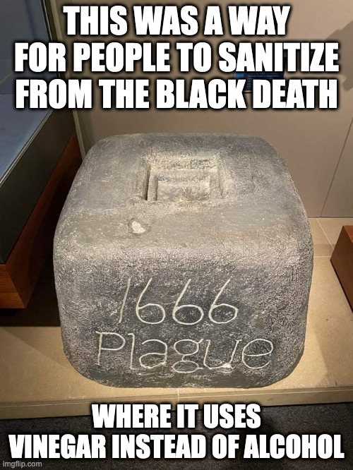 Sanitation Station | THIS WAS A WAY FOR PEOPLE TO SANITIZE FROM THE BLACK DEATH; WHERE IT USES VINEGAR INSTEAD OF ALCOHOL | image tagged in memes,plague | made w/ Imgflip meme maker