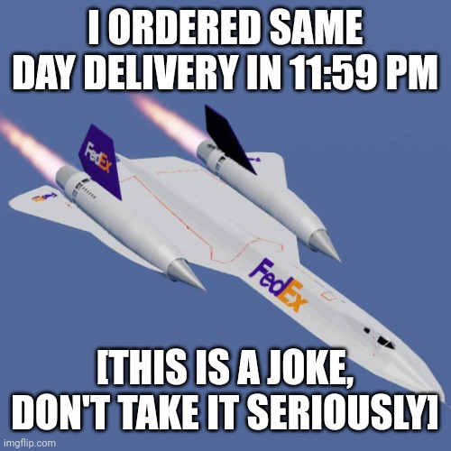 SR-17 FedEx | I ORDERED SAME DAY DELIVERY IN 11:59 PM; [THIS IS A JOKE, DON'T TAKE IT SERIOUSLY] | image tagged in fedex | made w/ Imgflip meme maker