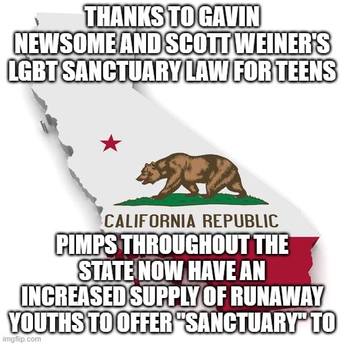 California | THANKS TO GAVIN NEWSOME AND SCOTT WEINER'S LGBT SANCTUARY LAW FOR TEENS; PIMPS THROUGHOUT THE STATE NOW HAVE AN INCREASED SUPPLY OF RUNAWAY YOUTHS TO OFFER "SANCTUARY" TO | image tagged in california | made w/ Imgflip meme maker