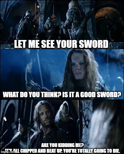 Haleth's Sword | LET ME SEE YOUR SWORD; WHAT DO YOU THINK? IS IT A GOOD SWORD? ARE YOU KIDDING ME?
IT'S ALL CHIPPED AND BEAT UP. YOU'RE TOTALLY GOING TO DIE. | image tagged in lotr,the lord of the rings,lord of the rings,aragorn,sword | made w/ Imgflip meme maker
