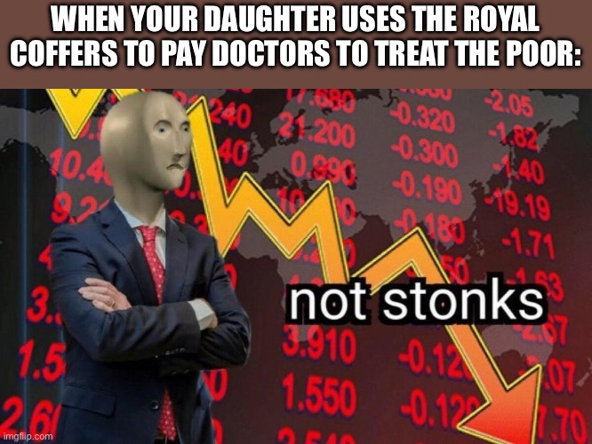 R.I.P. the skywing economy. | WHEN YOUR DAUGHTER USES THE ROYAL COFFERS TO PAY DOCTORS TO TREAT THE POOR: | image tagged in not stonks,wings of fire,wof | made w/ Imgflip meme maker
