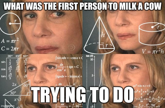 Calculating meme | WHAT WAS THE FIRST PERSON TO MILK A COW; TRYING TO DO | image tagged in calculating meme | made w/ Imgflip meme maker
