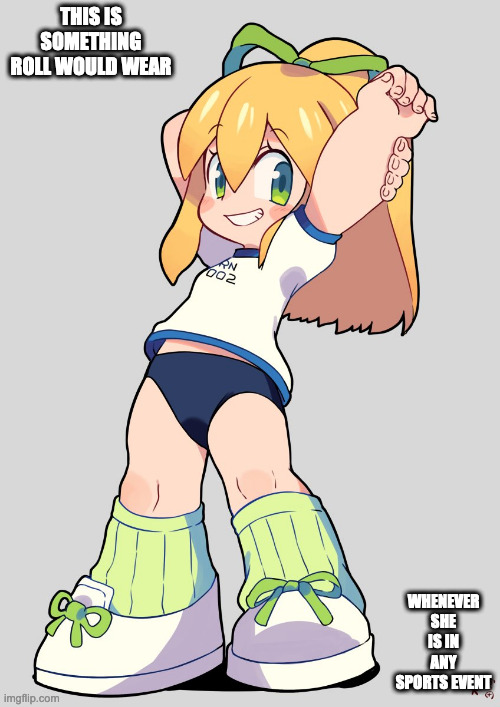 Roll in Workout Suit | THIS IS SOMETHING ROLL WOULD WEAR; WHENEVER SHE IS IN ANY SPORTS EVENT | image tagged in roll,megaman,memes | made w/ Imgflip meme maker