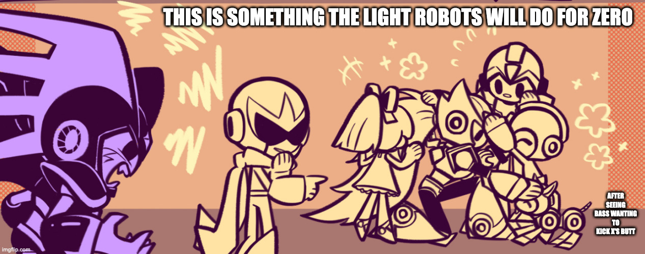 Light Robots Comforting Zero | THIS IS SOMETHING THE LIGHT ROBOTS WILL DO FOR ZERO; AFTER SEEING BASS WANTING TO KICK X'S BUTT | image tagged in megaman,megaman zero,memes | made w/ Imgflip meme maker