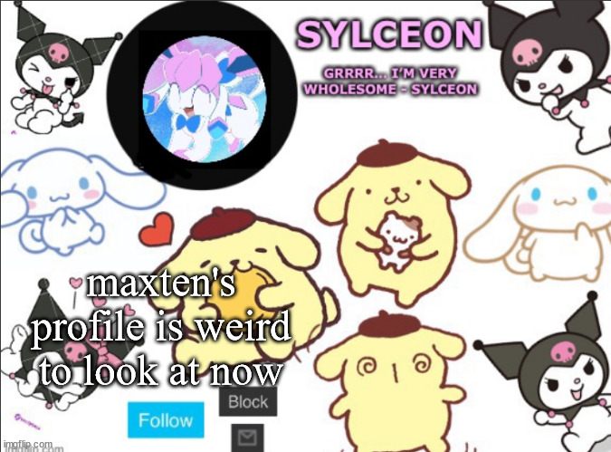 sylceon's sanrio template by heaven | maxten's profile is weird to look at now | image tagged in sylceon's sanrio template by heaven | made w/ Imgflip meme maker