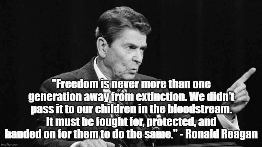 One Generation | "Freedom is never more than one generation away from extinction. We didn't pass it to our children in the bloodstream. It must be fought for, protected, and handed on for them to do the same." - Ronald Reagan | image tagged in ronald reagan,freedom,politics | made w/ Imgflip meme maker