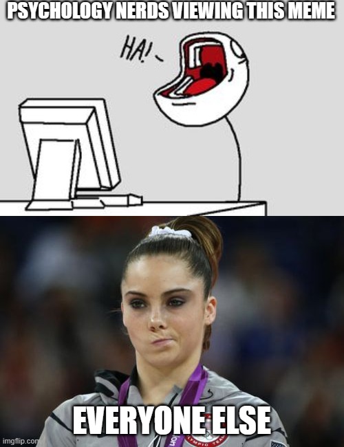 PSYCHOLOGY NERDS VIEWING THIS MEME EVERYONE ELSE | image tagged in stickman laughing,memes,mckayla maroney not impressed | made w/ Imgflip meme maker