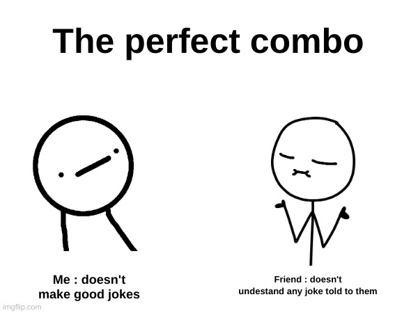 Most accurate meme I've made | The perfect combo; Friend : doesn't undestand any joke told to them; Me : doesn't make good jokes | image tagged in memes,fun | made w/ Imgflip meme maker