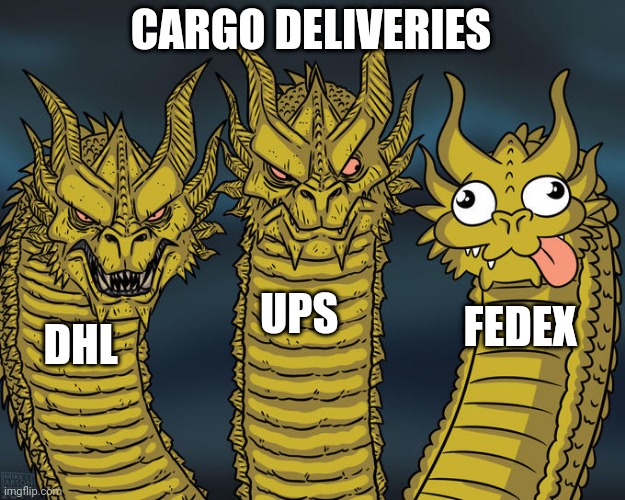FedEx Express | CARGO DELIVERIES; UPS; FEDEX; DHL | image tagged in three-headed dragon,fedex,funny,memes | made w/ Imgflip meme maker