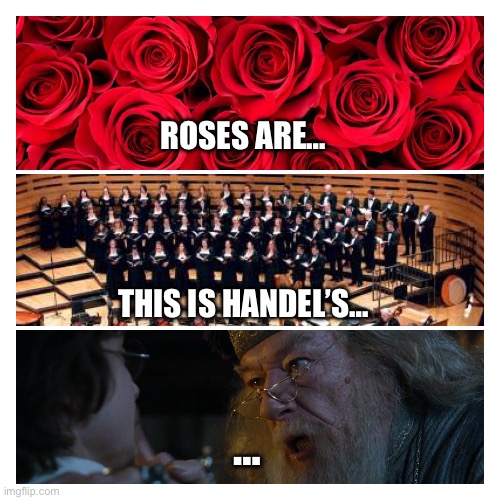 Harry Potter/Vday Puzzle Meme | ROSES ARE…; THIS IS HANDEL’S…; … | image tagged in funny,harry potter,valentine's day,puzzle | made w/ Imgflip meme maker