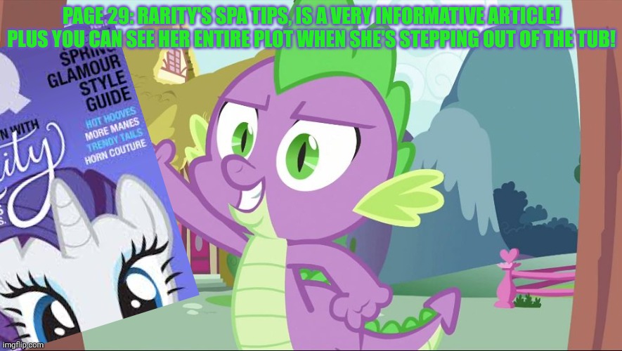 Spike: dragon of culture | PAGE 29: RARITY'S SPA TIPS, IS A VERY INFORMATIVE ARTICLE! PLUS YOU CAN SEE HER ENTIRE PLOT WHEN SHE'S STEPPING OUT OF THE TUB! | image tagged in bad joke spike,spike,mlp,rarity,fashion,magazines | made w/ Imgflip meme maker