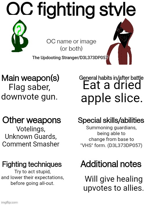 my OC fighting style | The Updooting Stranger/D3L373DP057; Eat a dried apple slice. Flag saber, downvote gun. Summoning guardians, being able to change from base to "VHS" form. (D3L373DP057); Votelings, Unknown Guards, Comment Smasher; Try to act stupid, and lower their expectations, before going all-out. Will give healing upvotes to allies. | image tagged in oc fighting style | made w/ Imgflip meme maker