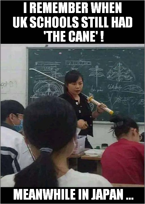 Somewhat Harsh Punishments ! | I REMEMBER WHEN UK SCHOOLS STILL HAD
 'THE CANE' ! MEANWHILE IN JAPAN ... | image tagged in school,punishment,cane,japanese,sword,dark humour | made w/ Imgflip meme maker