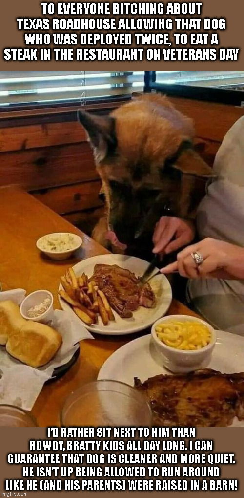 Veteran Dogs | TO EVERYONE BITCHING ABOUT TEXAS ROADHOUSE ALLOWING THAT DOG WHO WAS DEPLOYED TWICE, TO EAT A STEAK IN THE RESTAURANT ON VETERANS DAY; I'D RATHER SIT NEXT TO HIM THAN ROWDY, BRATTY KIDS ALL DAY LONG. I CAN GUARANTEE THAT DOG IS CLEANER AND MORE QUIET. HE ISN’T UP BEING ALLOWED TO RUN AROUND LIKE HE (AND HIS PARENTS) WERE RAISED IN A BARN! | image tagged in veterans day,dog,restaurant | made w/ Imgflip meme maker